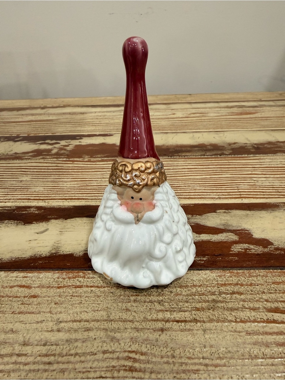 Vintage Ceramic Santa Claus Bell with Red Hat and Gold Trim